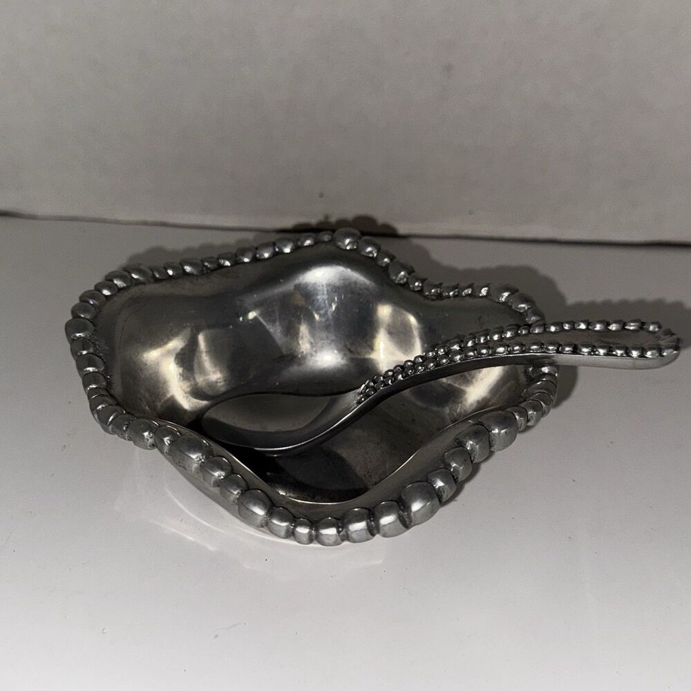 Beaded Pearl Edge Aluminum Dip Bowl w Spoon 6” Beatriz Ball Style Serving Dish